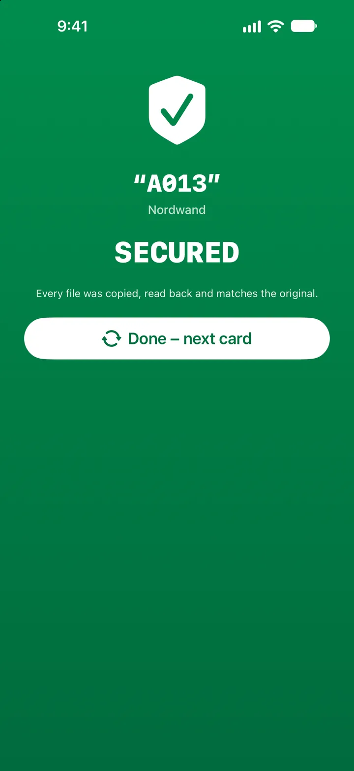 Offloadr on iPhone: green completion screen reading SECURED for card A013