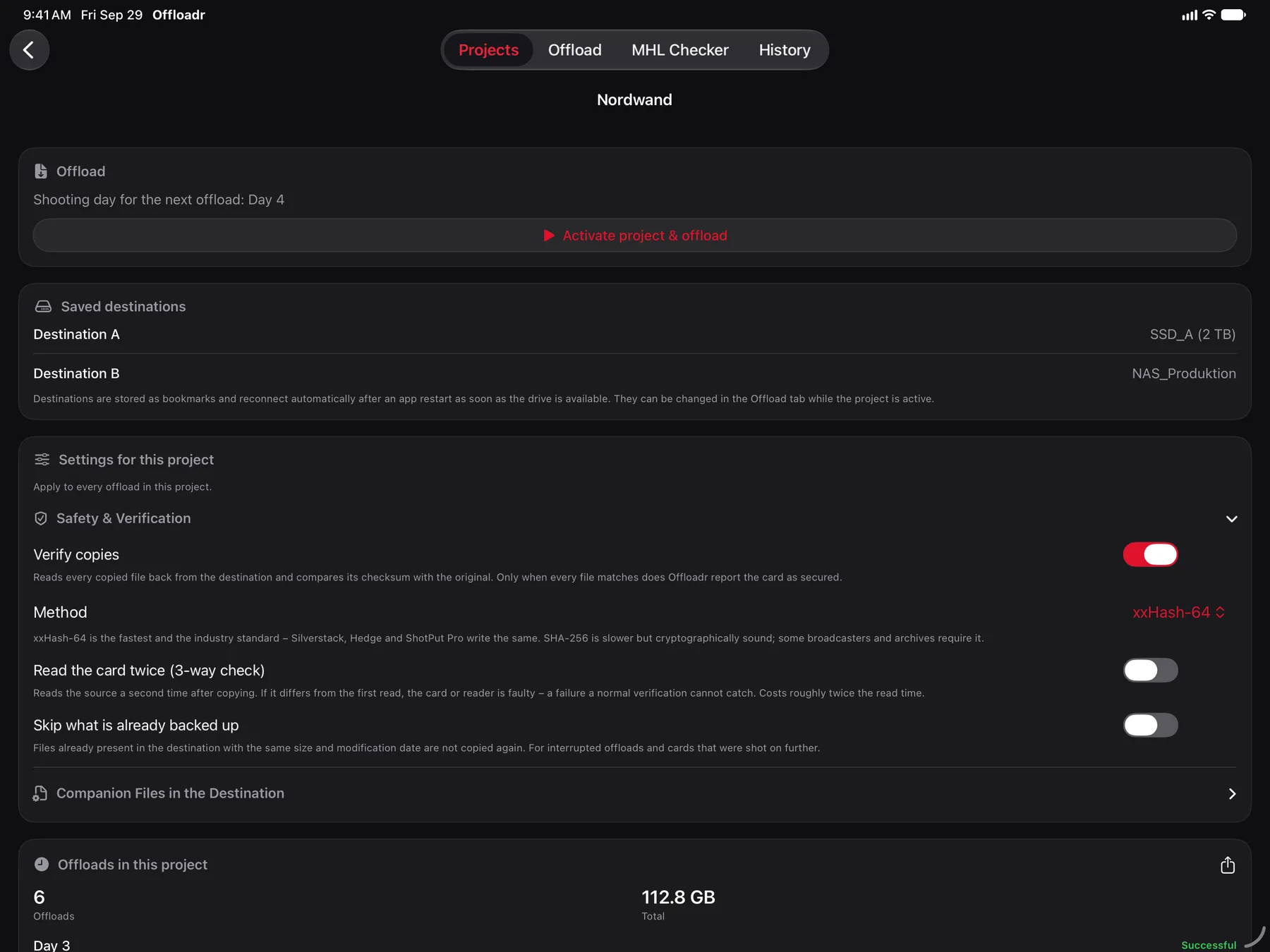 Project view in Offloadr with saved destination drives, verification method and shoot day